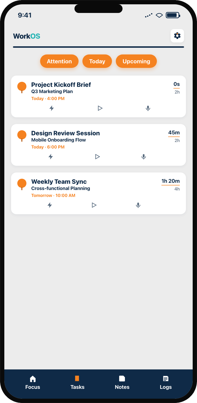 ViviScape Work Mobile task list with Attention, Today and Upcoming filters